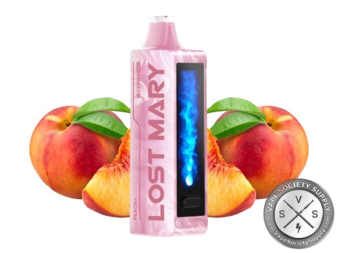 Lost Mary MO20000 Pro Peach+ disposable vape in pink, next to peaches