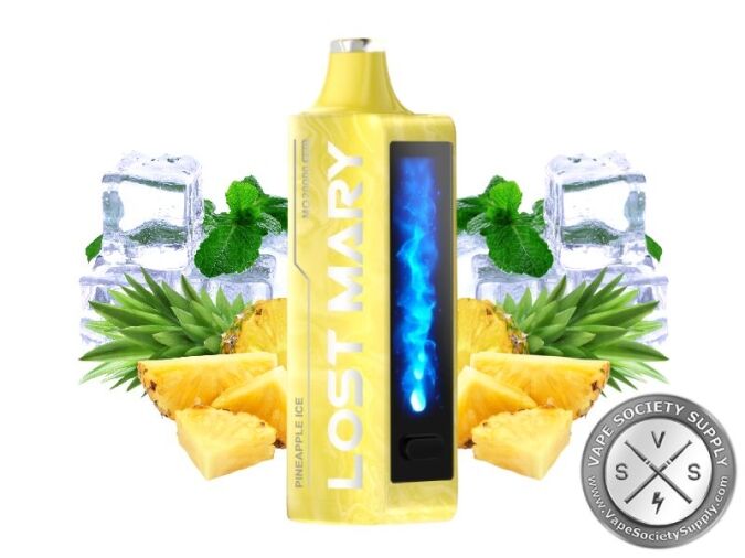 Lost Mary MO20000 Pro Pineapple Ice disposable vape in yellow, next to pineapple chunks, ice cubes and mint leaves