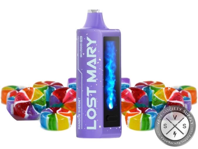 Lost Mary MO20000 Pro Rainbow Sherbet disposable vape in purple, next to rainbow swirl candies