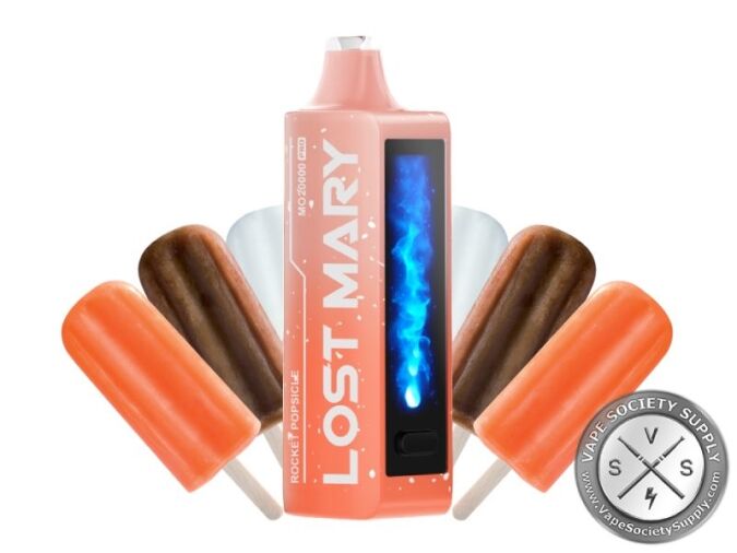 Lost Mary MO20000 Pro Rocket Popsicle disposable vape in coral, next to orange, white and chocolate ice pops