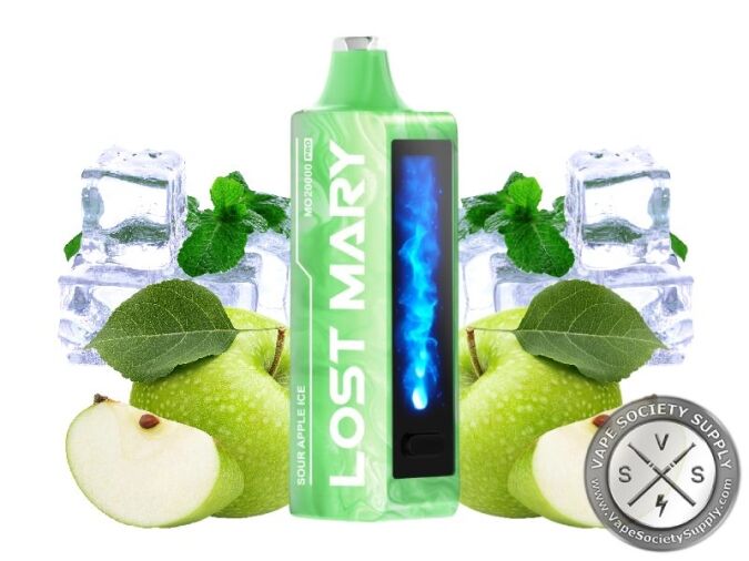 Lost Mary MO20000 Pro Sour Apple Ice disposable vape in green, next to green apples, ice cubes and mint leaves