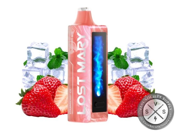 Lost Mary MO20000 Pro Strawberry Ice disposable vape in coral, next to strawberries, ice cubes and mint leaves