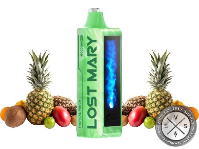 Lost Mary MO20000 Pro Tropical Punch disposable vape in green, next to pineapples and tropical fruit