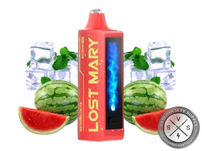 Lost Mary MO20000 Pro Watermelon Ice disposable vape in red, next to watermelons, ice cubes and mint leaves