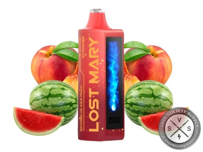 Lost Mary MO20000 Pro Watermelon Sour Peach disposable vape in red, next to peaches and watermelons