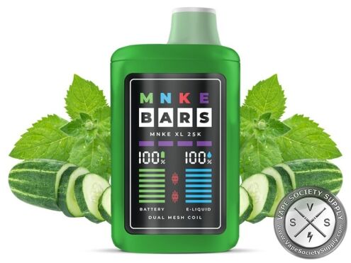 MNKE Bars XL 25K Cucumber Mint disposable vape with cucumber slices and mint leaves