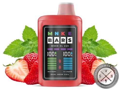 MNKE Bars XL 25K Strawberry Mint disposable vape with strawberries and mint leaves
