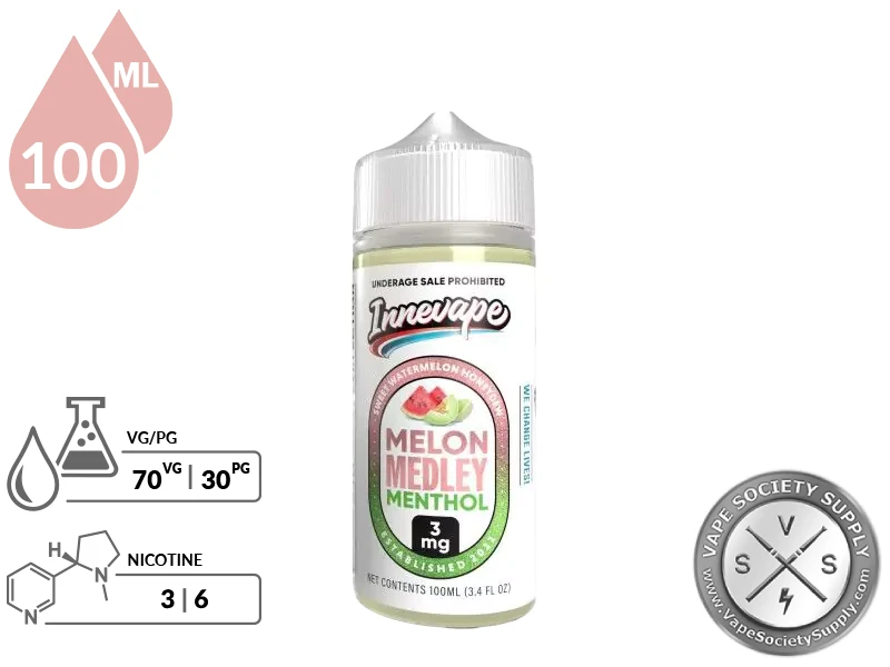 Melon Medley Menthol Innevape 100ml bottle with a 70/30 VG/PG icon and nicotine strength icons