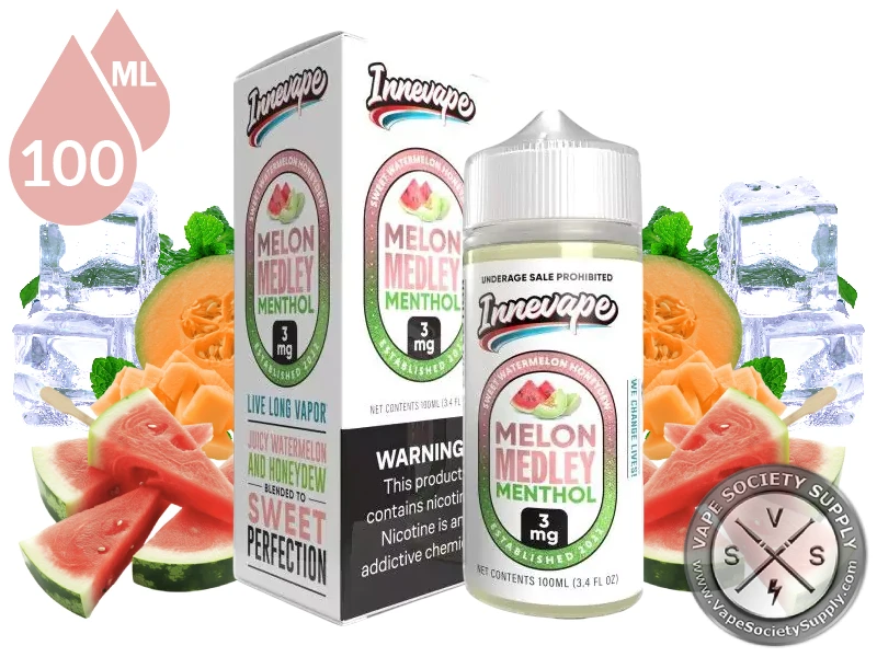 Melon Medley Menthol Innevape 100ml bottle and box with melon and watermelon slices with ice cubes