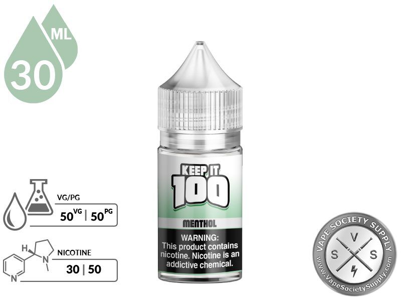 Menthol by Keep It 100 Salt 30ml bottle with a 50/50 VG/PG icon and nicotine strength icons