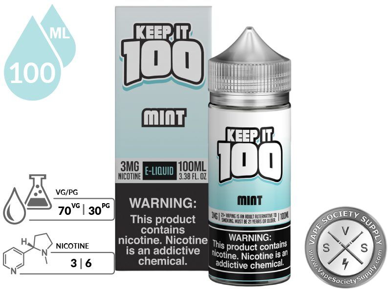 Mint by Keep It 100 Vape Juice 100ml bottle and box with a 70/30 VG/PG icon and nicotine strength icons