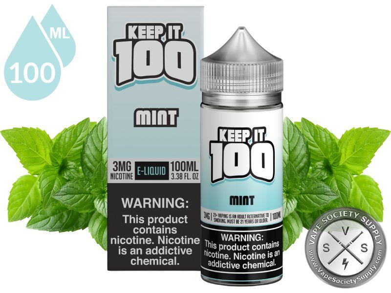 Mint by Keep It 100 Vape Juice 100ml bottle and box with mint leaves