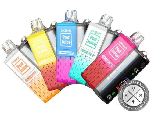 Five OXBAR x Pod Juice Magic Maze 2.0 disposable vapes in orange, yellow, blue, mint and pink