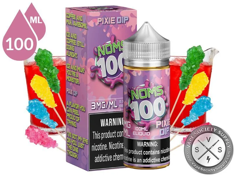 Pixie Dip by Noms 100ml bottle and box with rock candy sticks and glasses of red punch
