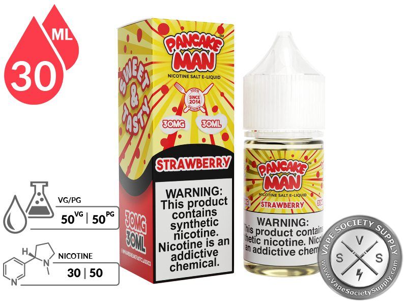 Strawberry by Pancake Man Salt 30ml bottle and box with a 50/50 VG/PG icon and nicotine strength icons