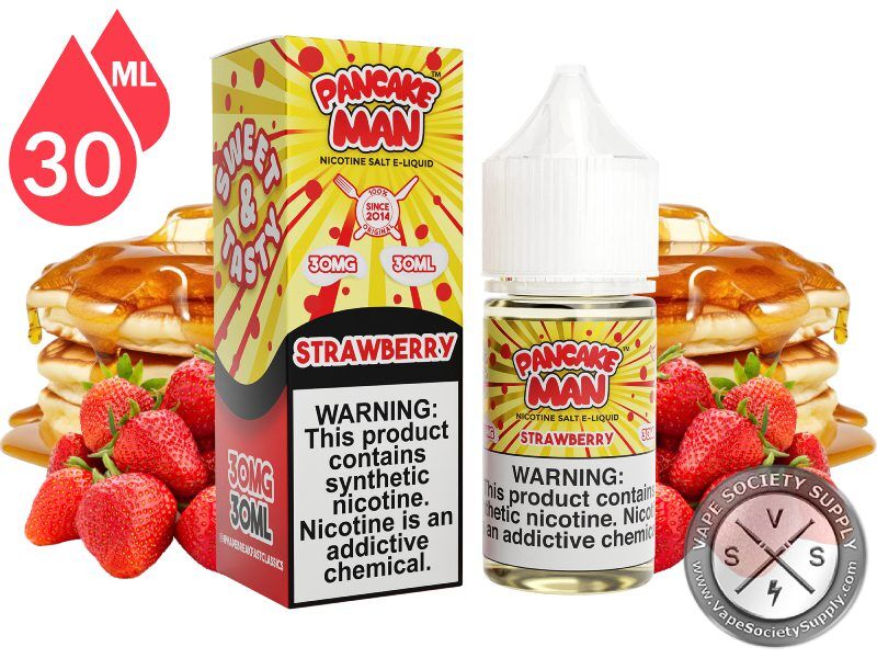 Strawberry by Pancake Man Salt 30ml bottle and box with a stack of pancakes and strawberries