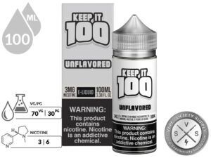 Unflavored by Keep It 100 Vape Juice 100ml bottle and box with a 70/30 VG/PG icon and nicotine strength icons
