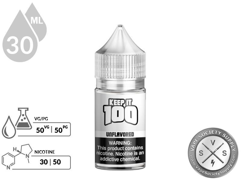 Unflavored by Keep It 100 Salt 30ml bottle with a 50/50 VG/PG icon and nicotine strength icons