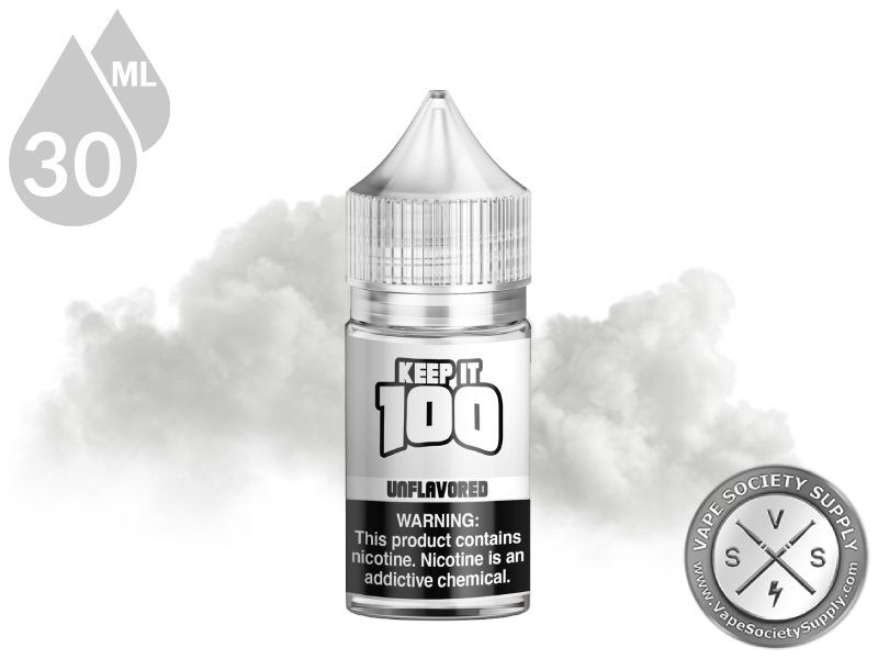 Unflavored by Keep It 100 Salt 30ml bottle with a cloud of vapor