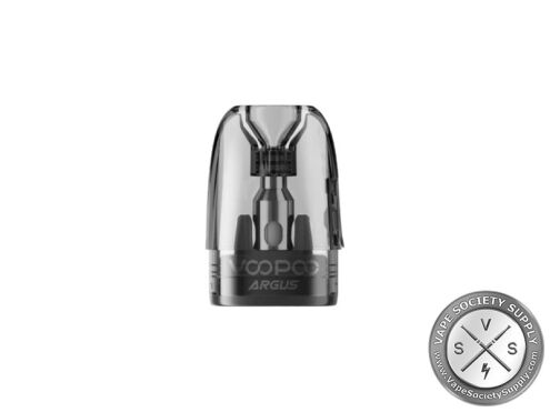 Close-up of a Voopoo ARGUS Top Fill pod, clear with a dark base