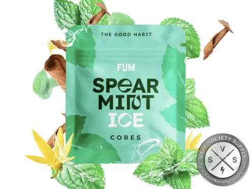 FÜM Spearmint Ice Flavor Core pouch with spearmint leaves and a splash of water