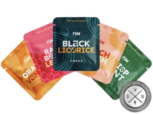 Five FÜM Flavor Core pouches: Orange Vanilla, Raspberry Lemon, Black Licorice, Peach Blush and Crisp Mint