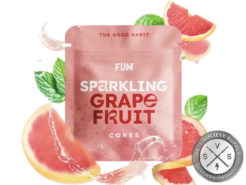FÜM Sparkling Grapefruit Flavor Core pouch with grapefruit slices and a splash