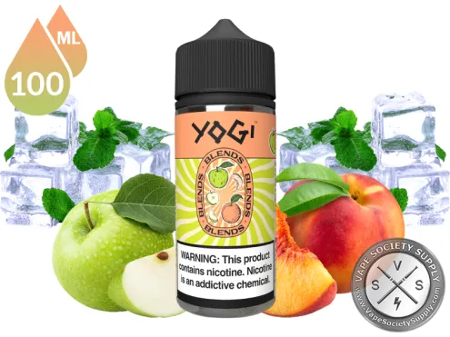 Apple Peach Ice by YOGI Blends 100ml bottle with a green apple, a peach, mint leaves and ice cubes