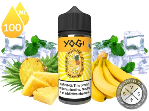Pineapple Banana Ice by YOGI Blends 100ml bottle with pineapple chunks, bananas, mint leaves and ice cubes