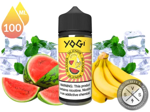 Banana Watermelon Ice by YOGI Blends 100ml bottle with watermelon slices, bananas, mint leaves and ice cubes