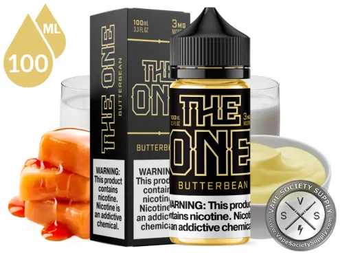 Butterbean THE ONE 100ml bottle and box with caramel candies, a glass of milk and a bowl of pudding