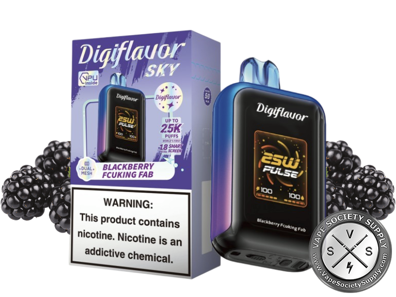 Digiflavor SKY 25K Blackberry Fcuking Fab disposable vape in blue with its box, next to blackberries