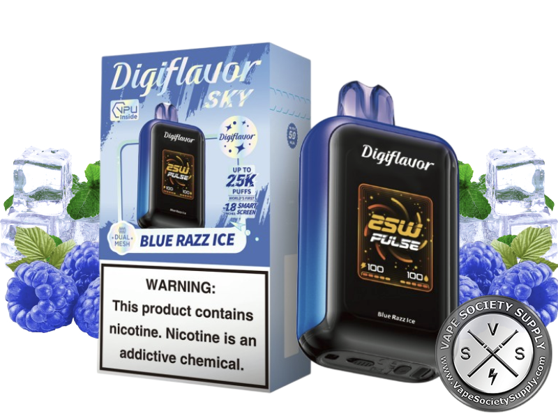 Digiflavor SKY 25K Blue Razz Ice disposable vape in blue with its box, next to blue raspberries, ice cubes and mint leaves