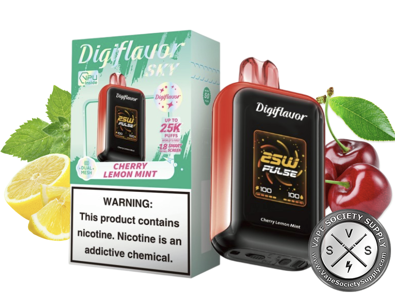 Digiflavor SKY 25K Cherry Lemon Mint disposable vape in red with its box, next to lemons, cherries and mint leaves