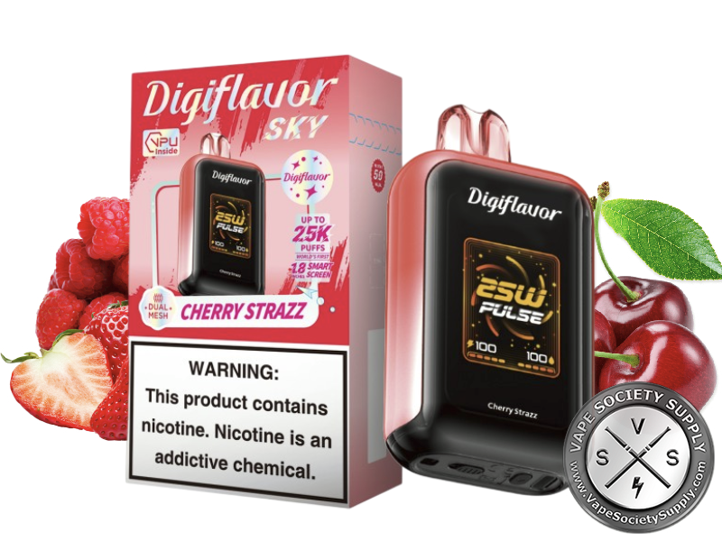 Digiflavor SKY 25K Cherry Strazz disposable vape in red with its box, next to strawberries, raspberries and cherries