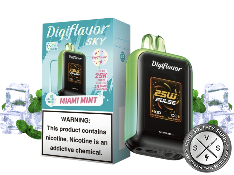 Digiflavor SKY 25K Miami Mint disposable vape in green with its box, next to ice cubes and mint leaves