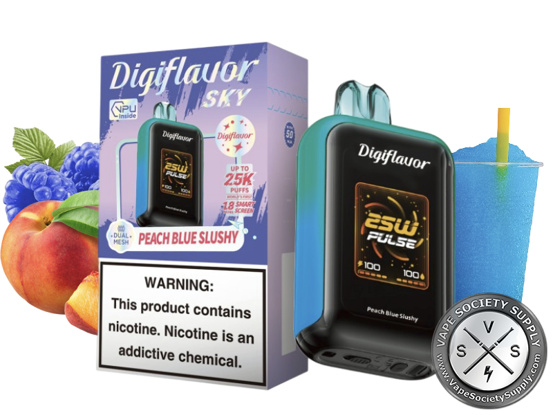 Digiflavor SKY 25K Peach Blue Slushy disposable vape in teal with its box, next to peaches, blue raspberries and a cup of blue slush