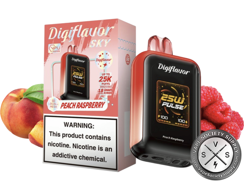 Digiflavor SKY 25K Peach Raspberry disposable vape in red with its box, next to peaches and raspberries