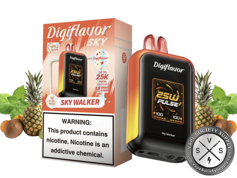 Digiflavor SKY 25K Sky Walker disposable vape in orange with its box, next to pineapples and kiwis