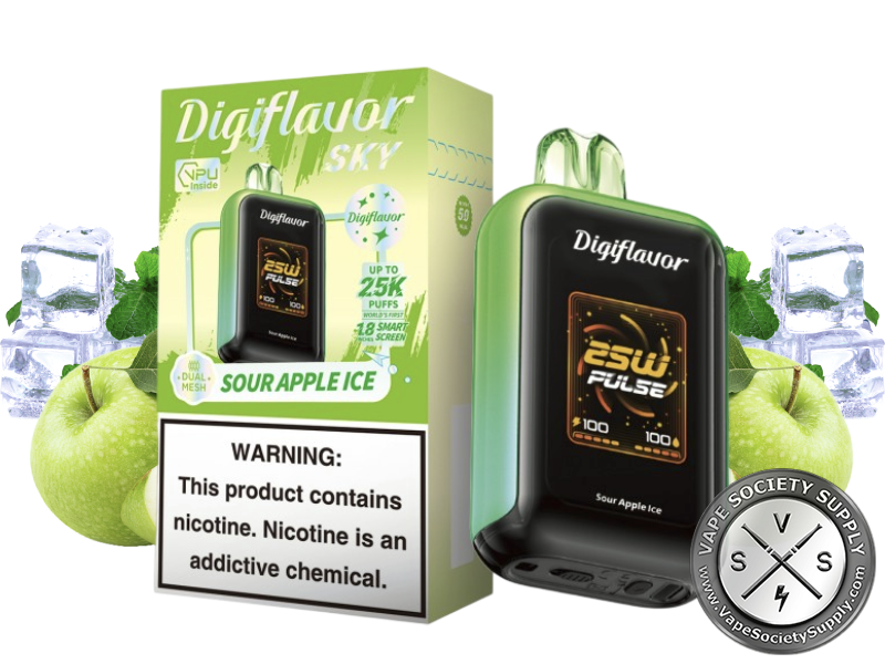 Digiflavor SKY 25K Sour Apple Ice disposable vape in green with its box, next to green apples, ice cubes and mint leaves