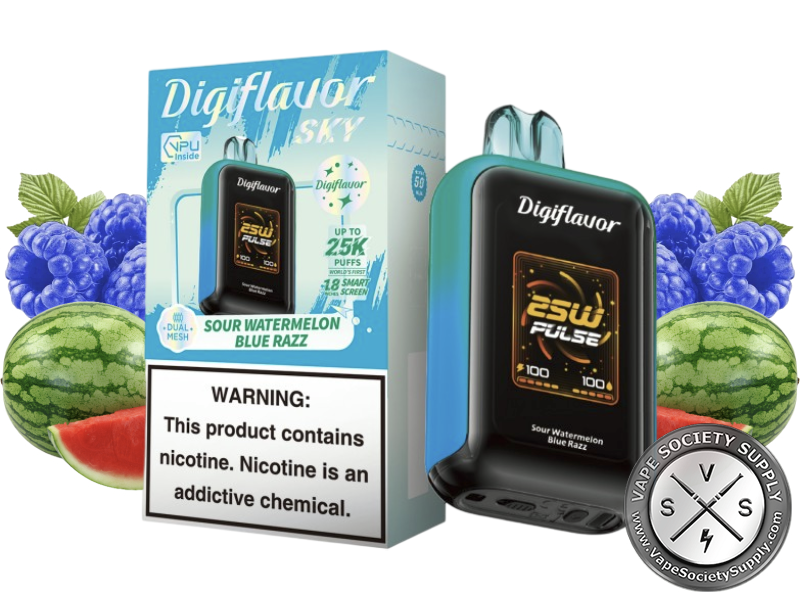 Digiflavor SKY 25K Sour Watermelon Blue Razz disposable vape in teal with its box, next to blue raspberries and watermelon slices