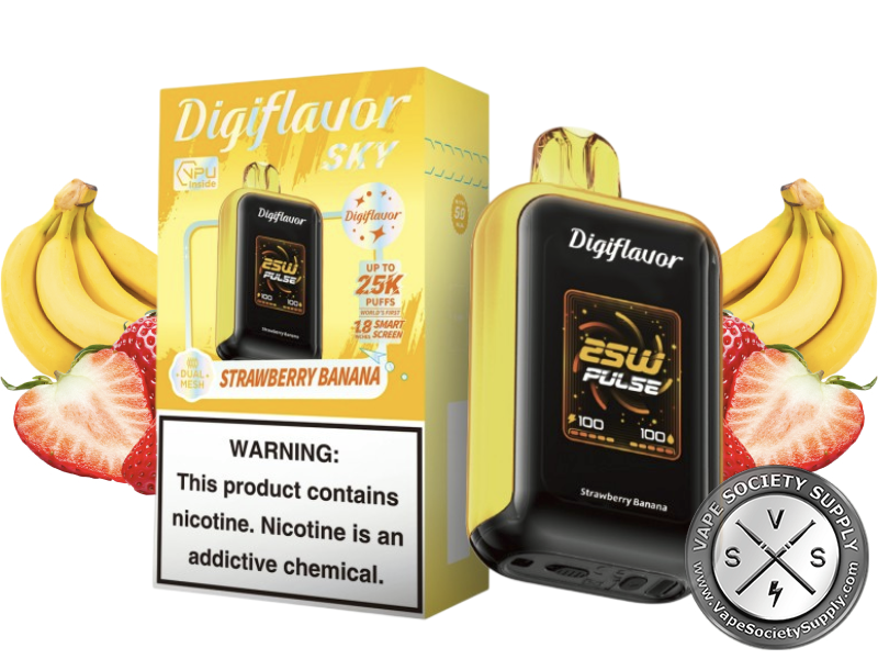 Digiflavor SKY 25K Strawberry Banana disposable vape in yellow with its box, next to bananas and strawberries