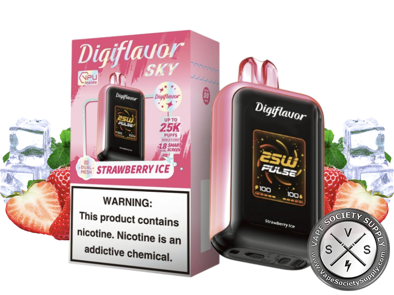 Digiflavor SKY 25K Strawberry Ice disposable vape in pink with its box, next to strawberries, ice cubes and mint leaves