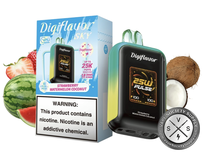 Digiflavor SKY 25K Strawberry Watermelon Coconut disposable vape in teal with its box, next to watermelon, strawberries and a coconut