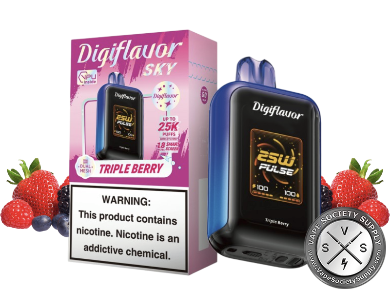 Digiflavor SKY 25K Triple Berry disposable vape in navy blue with its box, next to strawberries, raspberries and blackberries