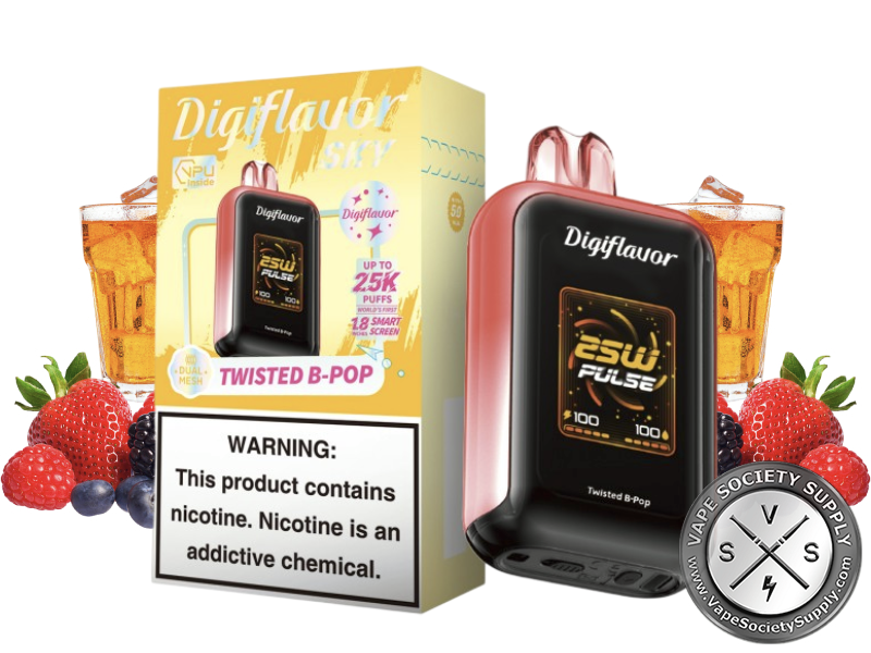 Digiflavor SKY 25K Twisted B-Pop disposable vape in coral with its box, next to glasses of iced drink, strawberries and blackberries