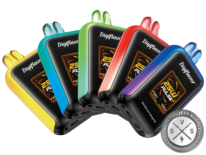 Five Digiflavor SKY 25K disposable vapes fanned out in yellow, teal, green, red and blue, each with a large screen