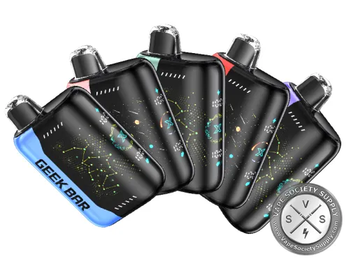Five Geek Bar Pulse X disposable vapes fanned out, black with blue, pink, green, red and purple side panels and starry screens