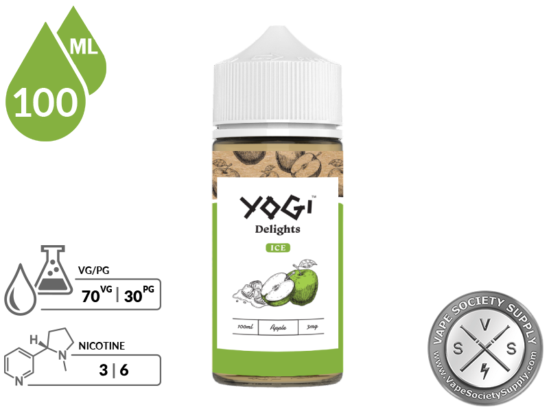 Green Apple Ice by YOGI Delights 100ml bottle with a 70/30 VG/PG icon and nicotine strength icons