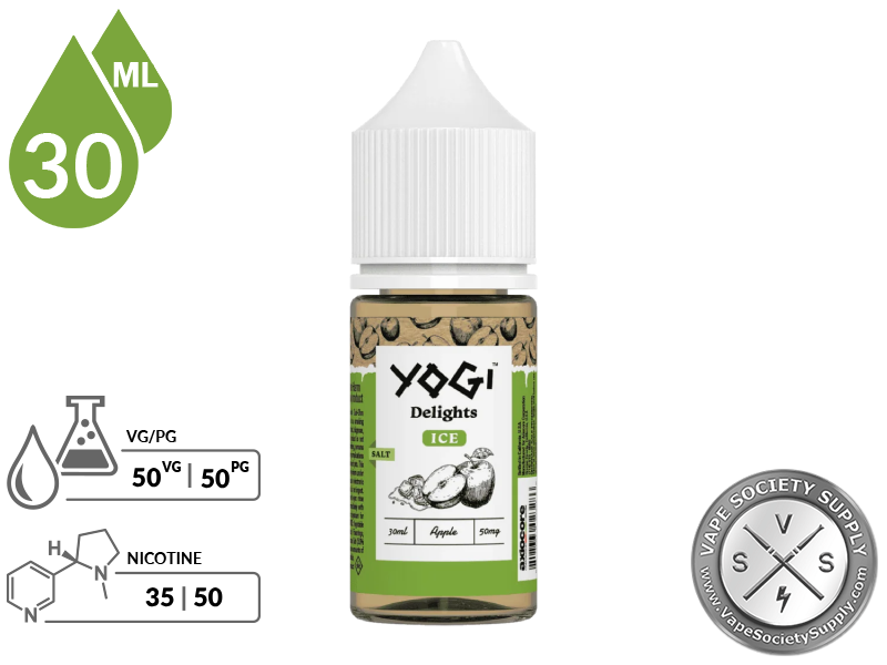 Green Apple Ice by YOGI Delights Salt 30ml bottle with a 50/50 VG/PG icon and nicotine strength icons